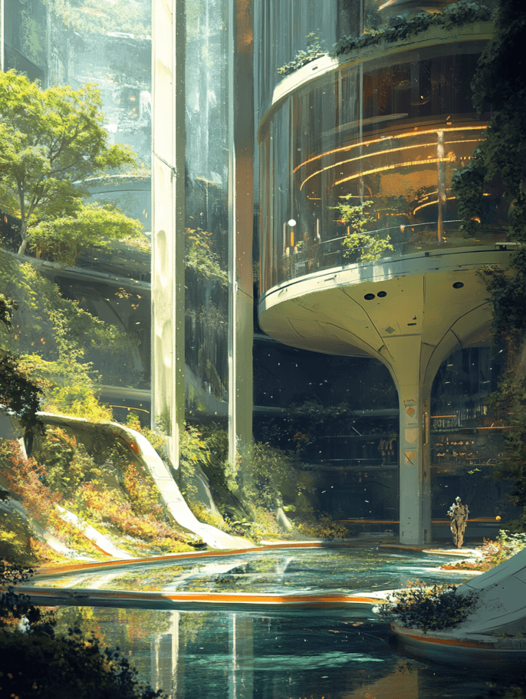 Futuristic Urban Oasis with Lush Vegetation and Reflective Water in a Towering Glass Structure with Light Streaming Through Canopy and Intricate Balcony Details BIOPUNK DIGITAL PAINTING 18 x 24 Inch MineeForm Wall Art Poster