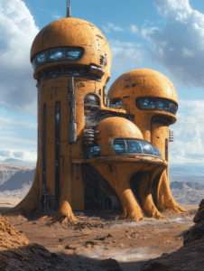 Futuristic Desert Landscape Featuring Towering Rust-Colored Domed Structures with Blue Illuminated Panels and Complex Network of Pipes Amidst Rugged Terrain BIOPUNK DIGITAL PAINTING 18 x 24 Inch MineeForm Wall Art Poster