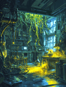 Lush Laboratory Overgrown with Vivid Green Vines and Glowing Amber Light Amidst Organic Experimentation and High Tech Apparatuses BIOPUNK DIGITAL PAINTING 18 x 24 Inch MineeForm Wall Art Poster