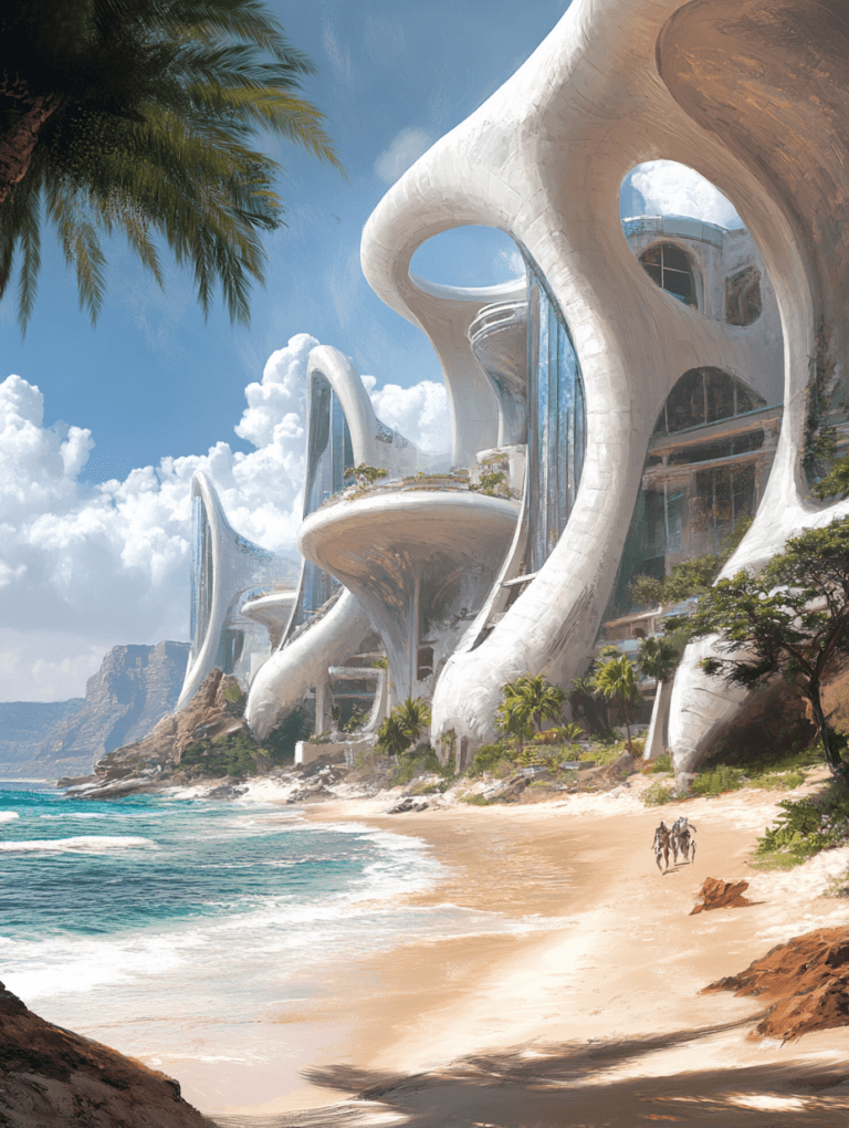 Futuristic Organic Architecture Overlooking a Serene Ocean and Sandy Beach with Lush Tropical Vegetation and People Walking along the Shoreline BIOPUNK DIGITAL PAINTING 18 x 24 Inch MineeForm Wall Art Poster