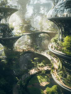 Lush Greenery on Glass Bridges Amidst Towering Futuristic Biospheres in a Sunlit Urban Jungle Metropolis BIOPUNK DIGITAL PAINTING 18 x 24 Inch MineeForm Wall Art Poster