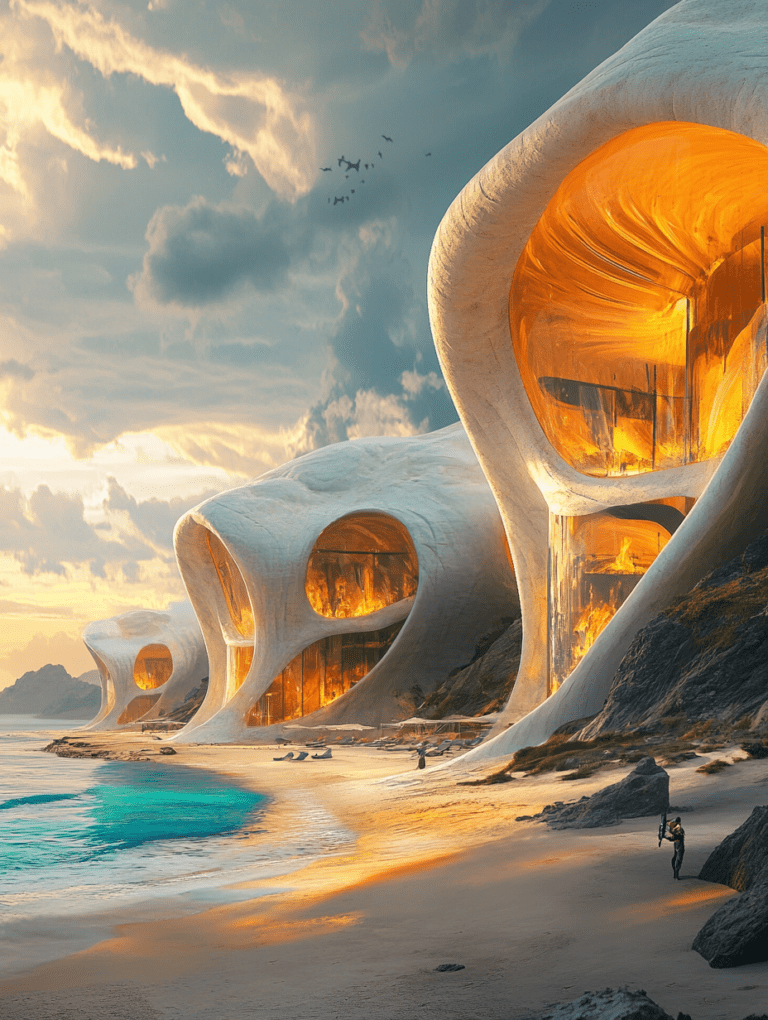 Futuristic Coastal Architecture with Organic Forms and Glowing Interiors Under a Dramatic Cloudy Sky BIOPUNK DIGITAL PAINTING 18 x 24 Inch MineeForm Wall Art Poster