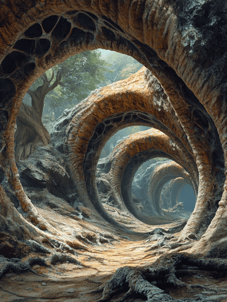 Enchanted Forest Pathway Winding Through Majestic Root Archways with Sunlight Illuminating Mossy Terrain and Lush Greenery BIOPUNK DIGITAL PAINTING 18 x 24 Inch MineeForm Wall Art Poster