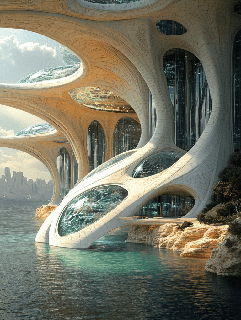 Futuristic Architecture with Organic Forms and Glass Domes Extending Over Turquoise Waters Next to Rocky Cliffs Under a Cloudy Sky BIOPUNK DIGITAL PAINTING 18 x 24 Inch MineeForm Wall Art Poster