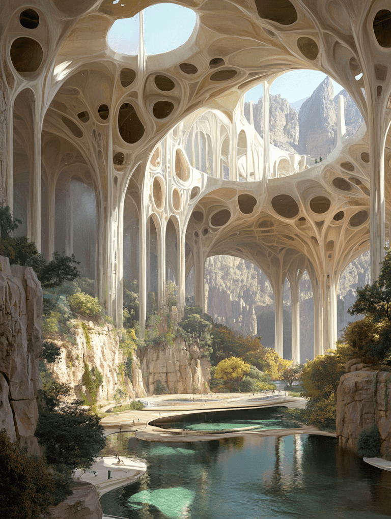 Sunlit Elysium with Arched Organic Structures Amidst Cliffs and Serene Waters BIOPUNK DIGITAL PAINTING 18 x 24 Inch MineeForm Wall Art Poster