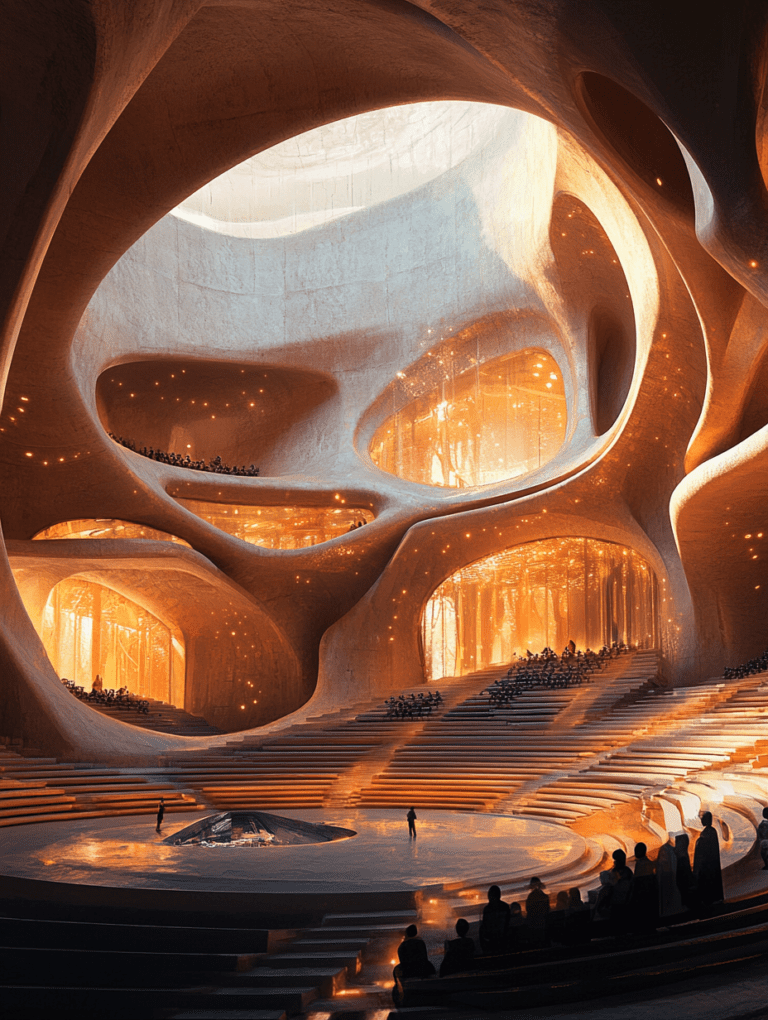 Futuristic Organic Amphitheater with Glowing Amber Light and Tiered Seating in a Cavernous Setting BIOPUNK DIGITAL PAINTING 18 x 24 Inch MineeForm Wall Art Poster