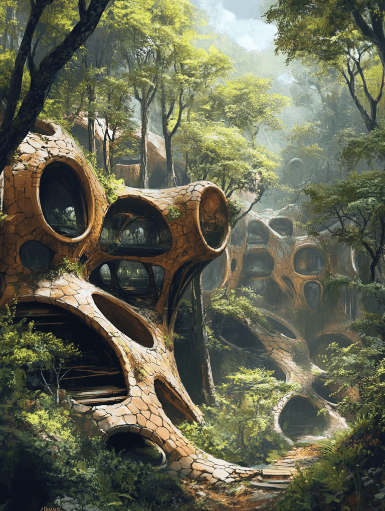 Enigmatic Organic Architecture Nestled in Lush Forest Canopy with Curved Structures and Large Elliptical Windows Bathed in Soft Sunlight and Surrounded by Dense Green Foliage BIOPUNK DIGITAL PAINTING 18 x 24 Inch MineeForm Wall Art Poster