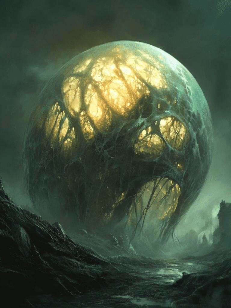 Luminous Organic Sphere Looming Over Misty Ruins in a Dark and Atmospheric Landscape BIOPUNK DIGITAL PAINTING 18 x 24 Inch MineeForm Wall Art Poster