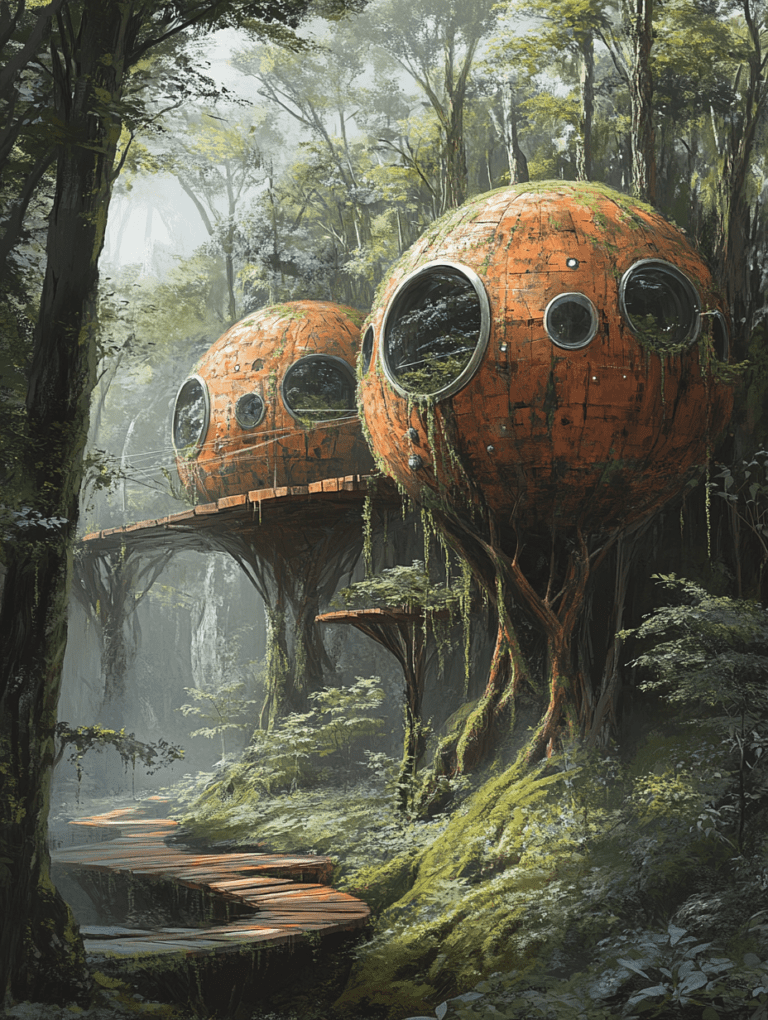 Spherical Treehouses with Large Circular Windows Nestled Amidst a Lush Verdant Forest with Wooden Pathways and Abundant Foliage BIOPUNK DIGITAL PAINTING 18 x 24 Inch MineeForm Wall Art Poster