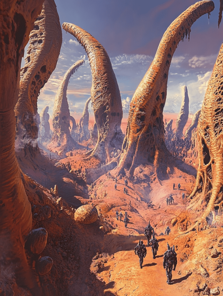 Armored Adventurers Traverse a Barren Alien Landscape Dominated by Towering Arched Structures Resembling Organic Formations Under a Vibrant Sky with Subtle Clouds BIOPUNK DIGITAL PAINTING 18 x 24 Inch MineeForm Wall Art Poster