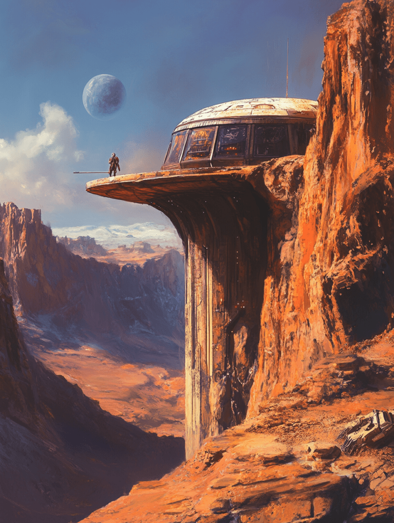 Solitary Explorer on Futuristic Cliffside Observatory Overlooking Vast Martian Canyon with Distant Earthlike Planet and Striking Red Rock Formations Underneath Clear Blue Sky BIOPUNK DIGITAL PAINTING 18 x 24 Inch MineeForm Wall Art Poster