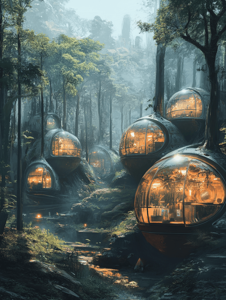 Futuristic Glass Spheres Nestled in Lush Forest Illuminated by Warm Indoor Lights Within a Misty Enchanted Woodland Environment BIOPUNK DIGITAL PAINTING 18 x 24 Inch MineeForm Wall Art Poster