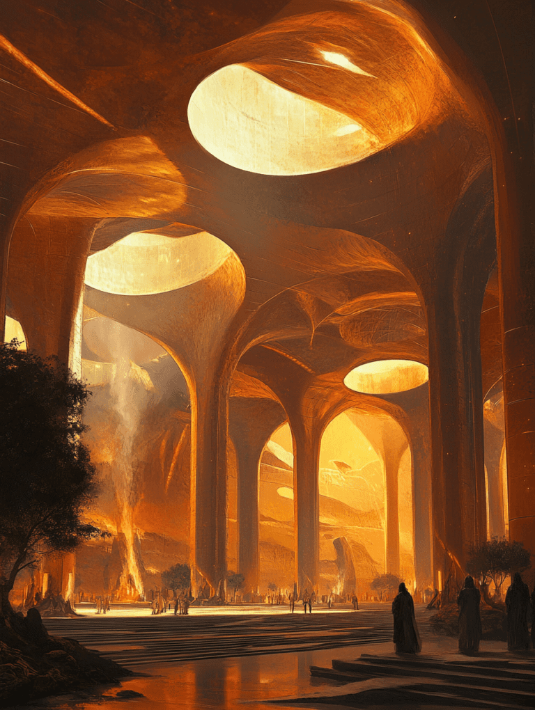 Vast Sunlit Catacombs with Majestic Arches and Silent Shadows in a Futuristic Desert Temple BIOPUNK DIGITAL PAINTING 18 x 24 Inch MineeForm Wall Art Poster