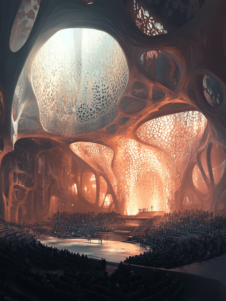 Futuristic Auditorium with Organic Architecture and Luminous Amber Glow Illuminating a Gathered Audience BIOPUNK DIGITAL PAINTING 18 x 24 Inch MineeForm Wall Art Poster