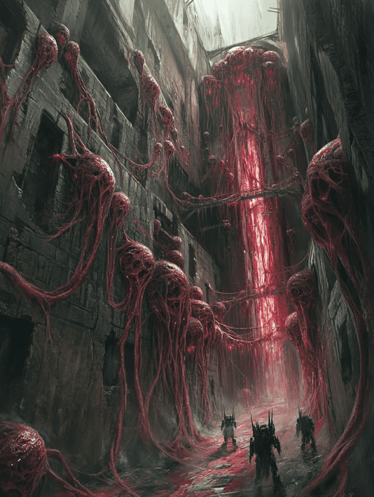 Towering Organic Structures and Shadowy Figures in a Futuristic Dystopian Alleyway with Crimson Bioluminescent Tendrils Draping Over Weathered Urban Architecture BIOPUNK DIGITAL PAINTING 18 x 24 Inch MineeForm Wall Art Poster