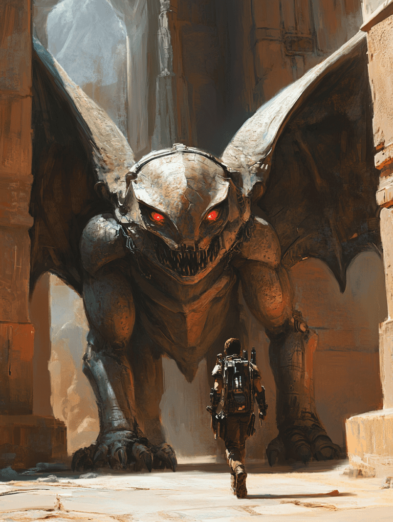 Adventurer Facing a Colossal Mechanical Gargoyle with Glowing Red Eyes in an Ancient Sunlit Ruinous Corridor BIOPUNK DIGITAL PAINTING 18 x 24 Inch MineeForm Wall Art Poster