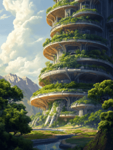 Futuristic Tower Intertwined with Lush Greenery Under a Bright Sky with Rolling Mountains and a Serene River BIOPUNK DIGITAL PAINTING 18 x 24 Inch MineeForm Wall Art Poster