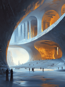 Majestic Underground City with Colossal Arches Illuminated by Warm Golden Light and Silhouetted Figures Traversing Expansive Blue Stone Pathways BIOPUNK DIGITAL PAINTING 18 x 24 Inch MineeForm Wall Art Poster