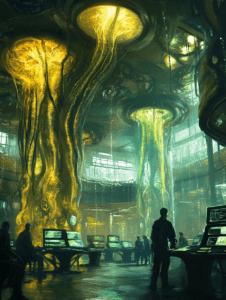 High Tech Laboratory with Bioluminescent Tree Structures and Futuristic Workstations BIOPUNK DIGITAL PAINTING 18 x 24 Inch MineeForm Wall Art Poster