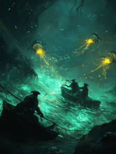 Mystical Glow of Bioluminescent Sea Creatures Illuminating Nighttime Pirate Voyage in Enchanted Waterways BIOPUNK DIGITAL PAINTING 18 x 24 Inch MineeForm Wall Art Poster