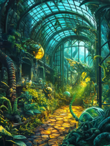 Lush Biopunk Conservatory with Sunlit Path and Futuristic Alien Vegetation under Glass Canopy Filled with Vibrant Greenery and Mysterious Organic Structures BIOPUNK DIGITAL PAINTING 18 x 24 Inch MineeForm Wall Art Poster