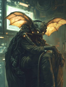 Mysterious Bat-Winged Figure in Dark Sci-Fi Lab with Glowing Eyes and Complex Cybernetic Armor BIOPUNK DIGITAL PAINTING 18 x 24 Inch MineeForm Wall Art Poster