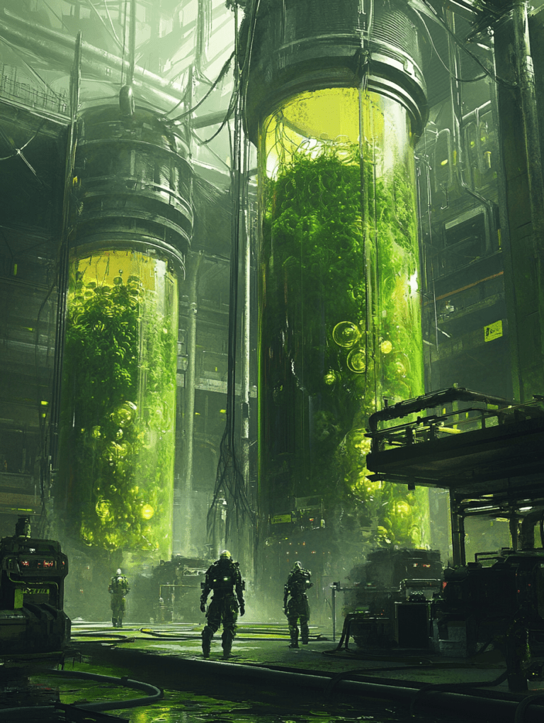 Towering Biochambers with Glowing Green Liquid in Futuristic Laboratory as Armored Figures Traverse Industrial Walkway Amidst Tangled Cables and Dimly Lit Surroundings BIOPUNK DIGITAL PAINTING 18 x 24 Inch MineeForm Wall Art Poster