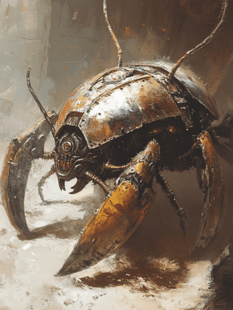 Intricate Mechanical Insectoid with Polished Metal Exoskeleton and Scorpion-like Claws Roaming Through a Textured Urban Environment BIOPUNK DIGITAL PAINTING 18 x 24 Inch MineeForm Wall Art Poster