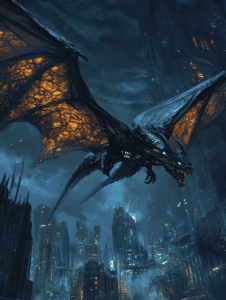 Majestic Cybernetic Dragon Soaring Over Neon-Lit Futuristic Cityscape Amidst Gloomy Skies BIOPUNK DIGITAL PAINTING 18 x 24 Inch MineeForm Wall Art Poster