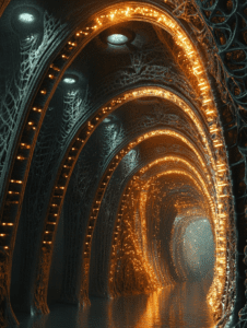 Luminescent Bio-Engineered Passageway with Organic Arches and Glowing Veins in a Futuristic Setting BIOPUNK DIGITAL PAINTING 18 x 24 Inch MineeForm Wall Art Poster