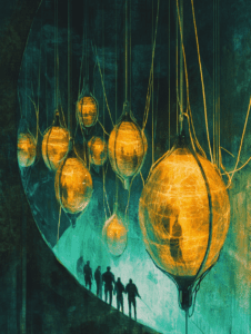 Silhouetted Figures Walking Beneath Luminous Bio-Pods Suspended in a Mysterious Underground Chamber BIOPUNK DIGITAL PAINTING 18 x 24 Inch MineeForm Wall Art Poster