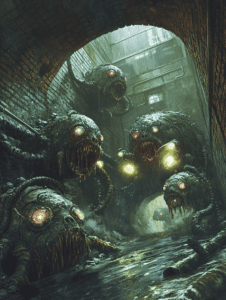 Horrifying Mutant Creatures Emerge from the Shadows of an Industrial Sewer Beneath a Dimly Lit City with Creeping Tendrils and Gaping Jaws Reflecting in Murky Waters BIOPUNK DIGITAL PAINTING 18 x 24 Inch MineeForm Wall Art Poster