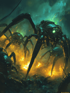 Gigantic Mechanical Spider Creatures Emerge from Fiery Landscape Illuminating the Smoky Darkness with Neon Green Lights BIOPUNK DIGITAL PAINTING 18 x 24 Inch MineeForm Wall Art Poster