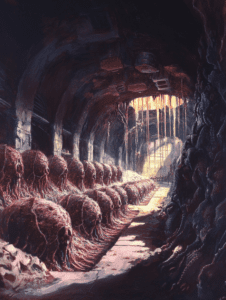 Row of Organic Pods in a Dimly Lit Underground Chamber with Sunlight Streaming through Grated Ceiling and Lining a Pathway Against Rugged Stone Walls BIOPUNK DIGITAL PAINTING 18 x 24 Inch MineeForm Wall Art Poster