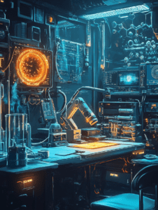 Futuristic Laboratory Filled with Holographic Displays Glowing Equipment and Complex Molecular Structures Illuminated by Neon Blue and Orange Lights BIOPUNK DIGITAL PAINTING 18 x 24 Inch MineeForm Wall Art Poster