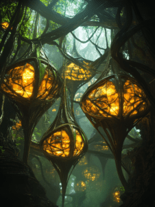 Suspended Luminous Pods in an Enchanted Forest Canopy Illuminated by Glowing Warm Light and Entwined with Overgrown Vines and Lush Foliage in a Misty Verdant Atmosphere BIOPUNK DIGITAL PAINTING 18 x 24 Inch MineeForm Wall Art Poster