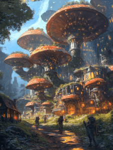 Majestic Forest Settlement with Giant Luminous Mushroom Homes and People Walking Along a Sunlit Pathway Amidst Verdant Greenery BIOPUNK DIGITAL PAINTING 18 x 24 Inch MineeForm Wall Art Poster