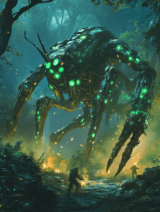 Giant Biomechanical Insect with Glowing Eyes Confronts Armored Explorers in a Misty Forest Setting BIOPUNK DIGITAL PAINTING 18 x 24 Inch MineeForm Wall Art Poster