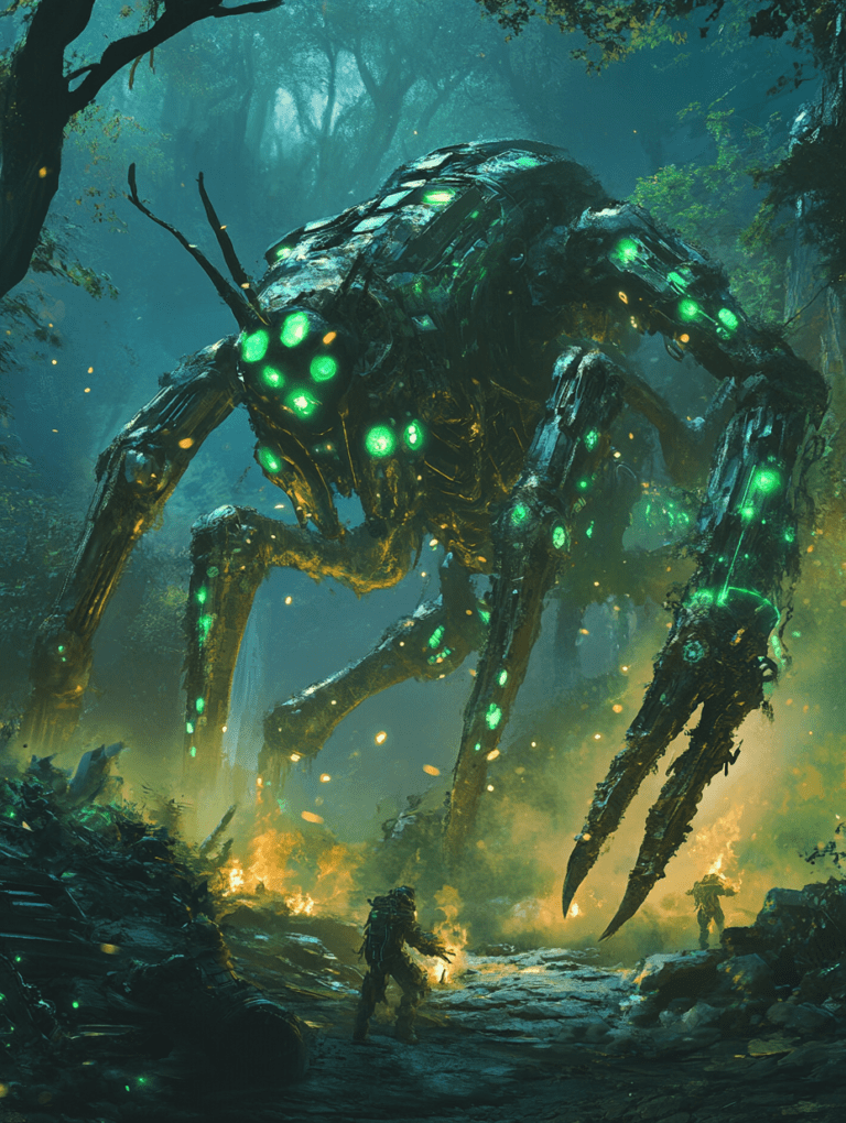 Giant Biomechanical Insect with Glowing Eyes Confronts Armored Explorers in a Misty Forest Setting BIOPUNK DIGITAL PAINTING 18 x 24 Inch MineeForm Wall Art Poster