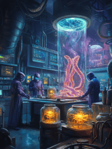 Laboratory Scientists Analyzing Luminescent Tentacled Lifeform in a Futuristic Research Facility with Glowing Specimen Jars and Advanced Technology Monitors BIOPUNK DIGITAL PAINTING 18 x 24 Inch MineeForm Wall Art Poster