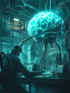 Technician in Neon Lit Laboratory Interfaces with Giant Electrically Charged Brain Suspended by Conduits and Tubes BIOPUNK DIGITAL PAINTING 18 x 24 Inch MineeForm Wall Art Poster