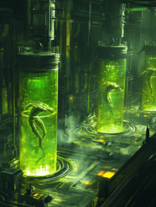 Glowing Green Laboratory with Mysterious Creatures Suspended in Large Cylindrical Tanks in Industrial Environment Featuring Dim Lighting and Thick Pipes BIOPUNK DIGITAL PAINTING 18 x 24 Inch MineeForm Wall Art Poster