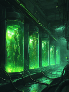 Glowing Green Laboratory with Humanoid Figures Suspended in Glass Tanks in a Futuristic Industrial Setting BIOPUNK DIGITAL PAINTING 18 x 24 Inch MineeForm Wall Art Poster