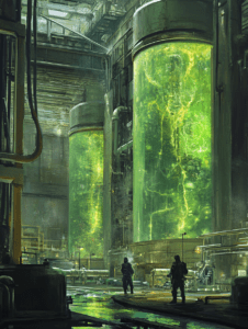 Gigantic Bioluminescent Tanks Looming in an Industrial Facility with Figures in Protective Gear Amidst a Maze of Metallic Pipes and Platforms BIOPUNK DIGITAL PAINTING 18 x 24 Inch MineeForm Wall Art Poster