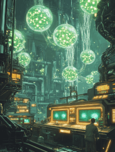 Futuristic Laboratory with Massive Glowing Green Spheres and Intricate Circuitry Surrounded by Complex Control Panels and a Scientist Observing Data on Bright Screens BIOPUNK DIGITAL PAINTING 18 x 24 Inch MineeForm Wall Art Poster