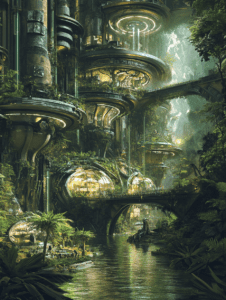 Verdant Urban Haven with Futuristic Architecture and Lush Vegetation Overlooking a Serene River in a Biopunk Metropolis BIOPUNK DIGITAL PAINTING 18 x 24 Inch MineeForm Wall Art Poster