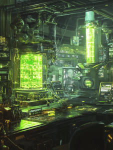 Futuristic Laboratory with Glowing Neon Green Cylinders and High Tech Screens in a Dark Industrial Setting BIOPUNK DIGITAL PAINTING 18 x 24 Inch MineeForm Wall Art Poster