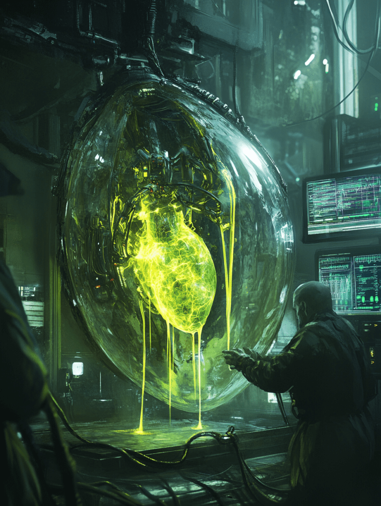 Pulsating Neon Heart in Suspended Glass Chamber with Scientist in Dark Laboratory Setting amidst Flickering Screens and Tangled Wires BIOPUNK DIGITAL PAINTING 18 x 24 Inch MineeForm Wall Art Poster