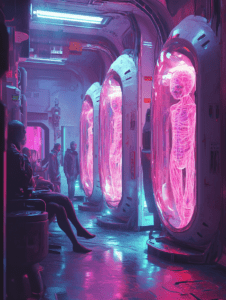 Neon Lit Laboratory Corridor Featuring Futuristic Pods Containing Luminous Humanoid Forms Observed by Individuals in Shadowy Silhouettes BIOPUNK DIGITAL PAINTING 18 x 24 Inch MineeForm Wall Art Poster