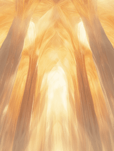 Radiant Golden Cathedral with Illuminated Arches and Ethereal Light Streaming Down Through Intricate Patterns Resembling Nature Inspired Canopy BIOPUNK DIGITAL PAINTING 18 x 24 Inch MineeForm Wall Art Poster